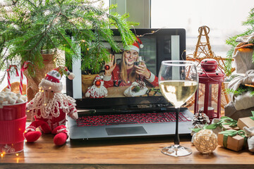 Christmas online holiday remote celebration X mas new year in lockdown coronavirus quarantine covid 19 new normal, social distance, remote communication, stay home vocation, Christmas party online