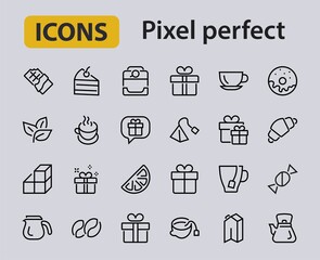 COFFEE and TEA LINEAR ICONS SET, contains Icons of tea, tea bag, Coffee machine, cake, sugar, teapot, cup, milk, cream, Lemon, chocolate bar, LINEAR ICONS Editable stroke