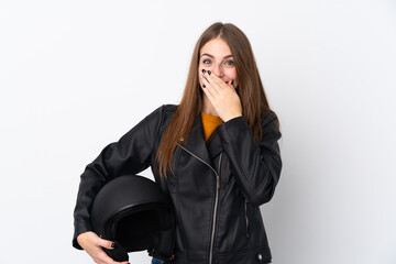Woman with a motorcycle helmet with surprise facial expression