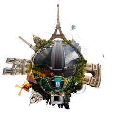 Planet Paris - Miniature planet of Paris, France, with all important buildings and attractions of the city, isolated on white