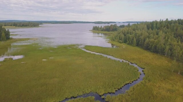 Aerial view of the lake shore in the republic of Karelia, Russia.