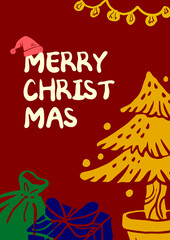 크리스마스 빨간 배경과 다채로운 일러스트 카드