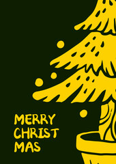 짙은 녹색배경과 노란색 크리스마스 트리가 있는 포스터 디자인