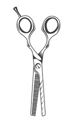 Scissors symbol isolated on white. Opened hair cutting scissors for hair filibustering. Barber logo icon. Tool for work of hairdresser or tailor. Metal cutting tool for hair or paper, sharp instrument