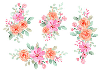 Fototapeta na wymiar Pink orange floral bouquet collection with watercolor