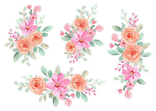 Pink orange floral bouquet collection with watercolor