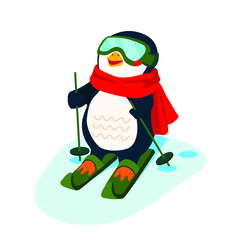 penguin on skis in a red scarf vector illustration cartoon isolated on a white background