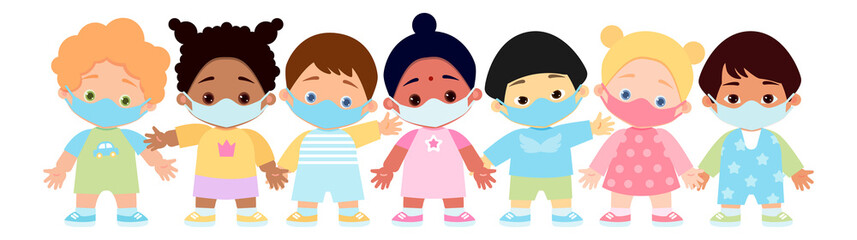 Set of children in medical masks. Little boy and little girl wear face mask protect virus. Dust proof, anti allergy. Social distancing concept. Vector cartoon characters and illustrations isolated  