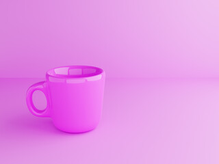 3 D illustration Shiny pink coffee mug pasted on pink background on pink wall background