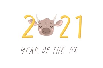 2021 Chinese New Year greeting card with cute hand drawn ox and lettering isolated on white. Vector illustration. Concept for holiday banner, decor element. Year of the ox