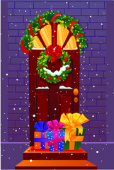 Christmas door decorations , gifts,snow, fir wreath 