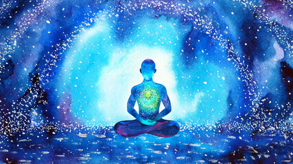 Fototapeta na wymiar heart green chakra human meditate mind mental health yoga spiritual healing meditation peace watercolor painting illustration design abstract universe