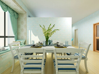 spacious dining room design next to the modern kitchen, with a beautiful dining table and greenery