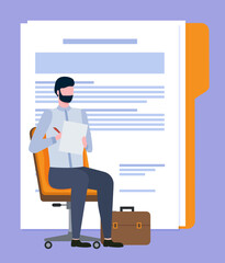 Man worker sitting on chair with pen and paper, employee writing article or document report. Broker character and information, professional vector