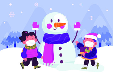 Christmas snow scene with kids wearing masks. children playing with snow