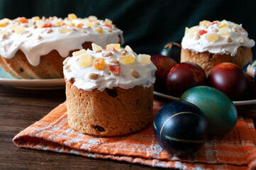 Traditional Orthodox Easter bread the kulich, russian food, religion, painted eggs. Traditional food Russia, Ukraine.