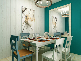  spacious dining room design next to the modern kitchen, with a beautiful dining table and greenery