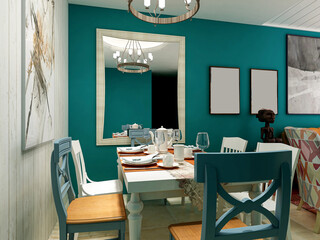  spacious dining room design next to the modern kitchen, with a beautiful dining table and greenery