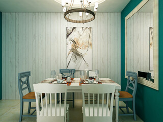 spacious dining room design next to the modern kitchen, with a beautiful dining table and greenery