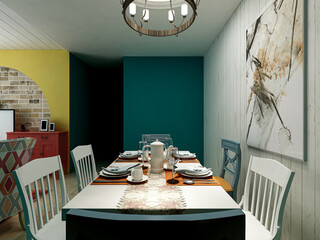 spacious dining room design next to the modern kitchen, with a beautiful dining table and greenery