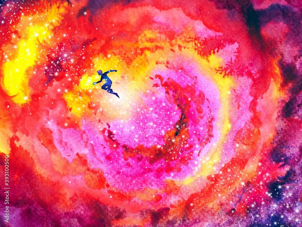 Wall mural human rush run in fire flame abstract art spiritual mind aura universe watercolor painting illustrat