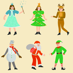 Flat carnival Christmas costume collection. set of Christmas icons