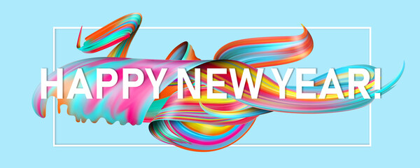 Happy New 2021 Year. Holiday wavy fluid multicolored lines and lettering on blue background, horizontal flyer. Winter celebration mood, greeting card or offer in modern and stylish design.