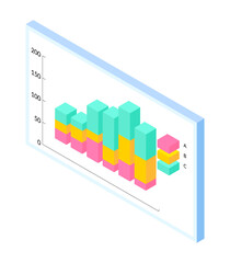 Colorful volumetric bar chart with colored cubes. Numerical scale. Graphic on large white bench. Revenue growth chart. Financial, statistical or analytical data. Isometric vector image on white