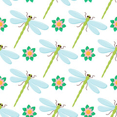 Dragonfly colorful seamless pattern. Repeating dress textile print with damselfly insects. Close up water dragonfly