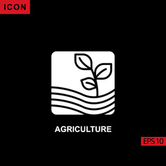Icon agriculture with plant leaf and land on black background square. Illustration filled, glyph or flat icon for graphic, print media interfaces and web design.