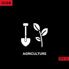 Icon agriculture with shovel and leaf on black background. Illustration filled, glyph or flat icon for graphic, print media interfaces and web design.