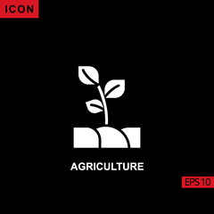 Icon agriculture with plant tree leaf and soil on black background. Illustration filled, glyph or flat icon for graphic, print media interfaces and web design.