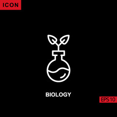 Icon biology tree leaf with tube flask vector on black background. Illustration line, linear, outline and lineal icon for graphic, print media interfaces and web design.