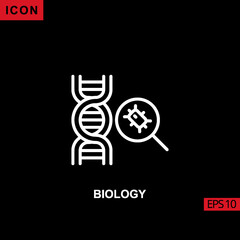 Icon biology dna with magnifying glass bacteria vector on black background. Illustration line, linear, outline and lineal icon for graphic, print media interfaces and web design.