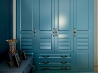 Fototapeta premium elegant and modern bedroom design, big bed with overcoat cabinet, coffee table, TV, carpet, etc., very comfortable and leisure.