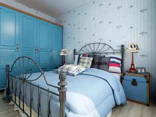 elegant and modern bedroom design, big bed with overcoat cabinet, coffee table, TV, carpet, etc., very comfortable and leisure.