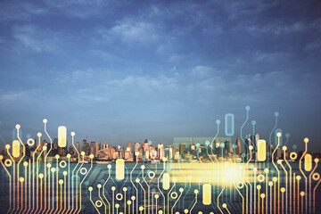 Data theme hologram drawing on city view with skyscrapers background multi exposure. Bigdata concept.