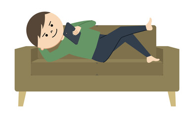 ソファの上でスマホをいじる男性のイラスト