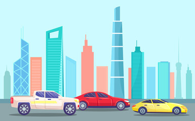 Skyline with skyscrapers and high rises and road with cars. Cityscape of modern city. Business center of town. Traffic on streets of urban landscape. Driving along buildings. Vector in flat style