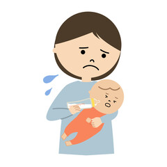 ミルクを嫌がる赤ちゃんと困る母親のイラスト
