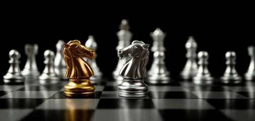 Golden and silver horse chess pieces Invite face to face and There are silver chess pieces in the background. Concept of competing, leadership and business vision for a win in business games