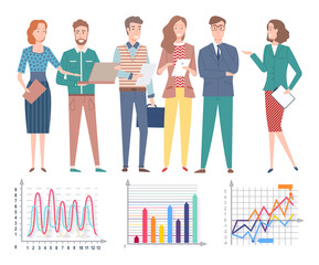 Analyzed information vector, structural info and people, teamwork of professionals with documents, business lady and secretary wearing formalwear