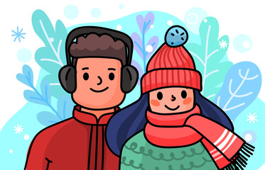 Cartoon pair in winter clothes. Seasonal illustration for your design.