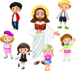 Jesus preaching children group cartoon character.