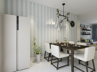 spacious dining room design next to the modern kitchen, with a beautiful dining table and greenery