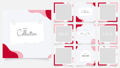 social media template banner fashion sale promotion. fully editable instagram and facebook square post frame puzzle organic sale poster. red pink white vector background