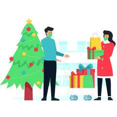 Christmas shopping scene with people wearing face masks. christmas tree and gifts.