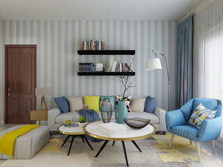 spacious living room design of modern residence, with sofa, tea table, decorative painting,