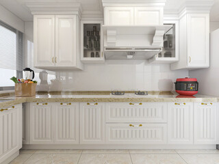 Modern family kitchen design, new cabinets and kitchenware with refrigerators, sunlight from the window.