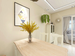 spacious dining room design next to the modern kitchen, with a beautiful dining table and greenery